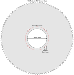 110 Tooth Sprocket for T8F (8mm) Chain with Custom Mounting Pattern, with Beveled Teeth, with Lightening Holes 