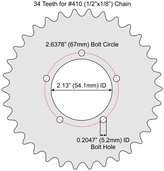 34 Tooth Sprocket for #410 (1/2" x 1/8") Bicycle Chain with F5 Mounting Pattern 