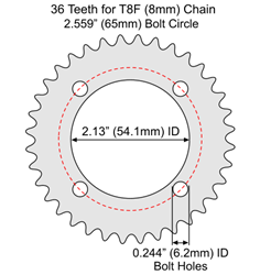 36 Tooth Aluminum Sprocket for T8F (8mm) Chain with F4 Mounting Pattern 