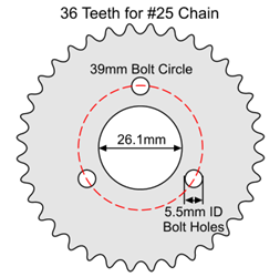 36 Tooth Sprocket for #25 Chain with R32 Mounting Pattern 