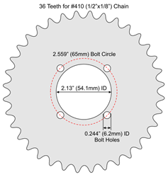 36 Tooth Sprocket for #410 (1/2" x 1/8") Bicycle Chain with F4 Mounting Pattern 