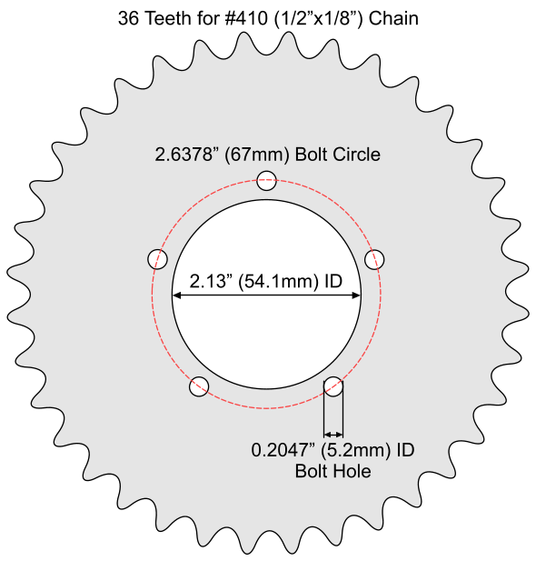 36 Tooth Sprocket for #410 (1/2" x 1/8") Bicycle Chain with F5 Mounting Pattern 