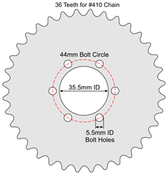 36 Tooth Sprocket for #410 Chain with ISO Mounting Pattern 