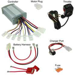 36 Volt 1000 Watt Throttle, Controller, Battery Pack Wiring Harness, and Charger Port Kit 