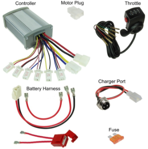 36 Volt 1000 Watt Throttle, Controller, Battery Pack Wiring Harness, and Charger Port Kit 