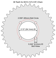 38 Tooth Sprocket for #410 (1/2" x 1/8") Bicycle Chain with F4 Mounting Pattern 