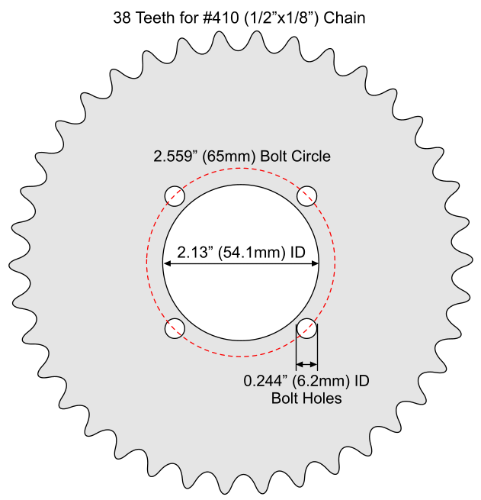 38 Tooth Sprocket for #410 (1/2" x 1/8") Bicycle Chain with F4 Mounting Pattern 