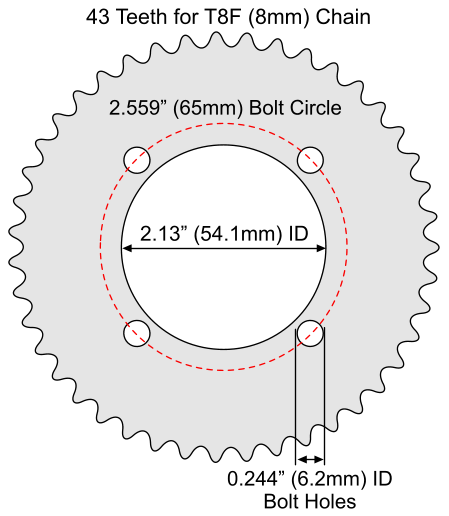 43 Tooth Aluminum Sprocket for T8F (8mm) Chain with F4 Mounting Pattern 