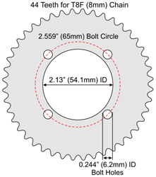 44 Tooth Aluminum Sprocket for T8F (8mm) Chain with F4 Mounting Pattern 