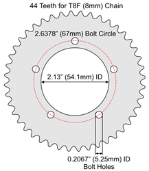 44 Tooth Sprocket for T8F (8mm) Chain with F5 5-Hole Freewheel Mounting Pattern 