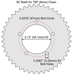 50 Tooth Sprocket for T8F (8mm) Chain with F5 5-Hole Freewheel Mounting Pattern 