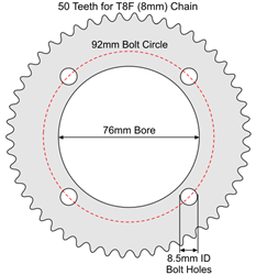 50 Tooth Sprocket for T8F (8mm) Chain with R76-8 Mounting Pattern 