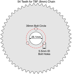 54 Tooth Sprocket for T8F (8mm) Chain with R32 Mounting Pattern 