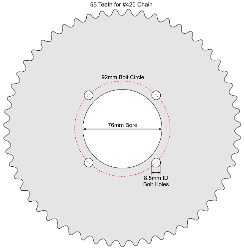 55 Tooth Sprocket for #420 Chain with R76-8 Mounting Pattern 