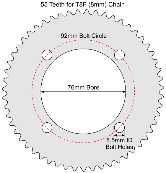 55 Tooth Sprocket for T8F (8mm) Chain with R76-8 Mounting Pattern 