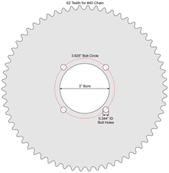 62 Tooth Sprocket for #40 Chain with Custom Mounting Pattern 