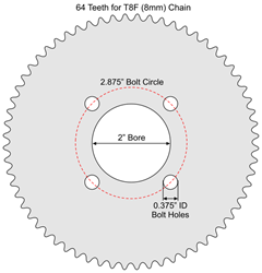 64 Tooth Sprocket for T8F (8mm) Chain with G1 Mounting Pattern 