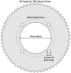 64 Tooth Sprocket for T8F (8mm) Chain with R76-8 Mounting Pattern 