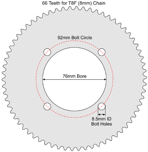 66 Tooth Sprocket for T8F (8mm) Chain with R76-8 Mounting Pattern 