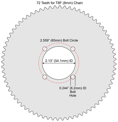 72 Tooth Aluminum Sprocket for T8F (8mm) Chain with F4 Mounting Pattern 