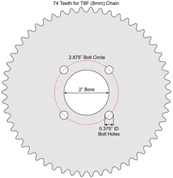 74 Tooth Sprocket for T8F (8mm) Chain with G1 Mounting Pattern 