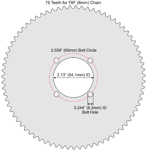 75 Tooth Aluminum Sprocket for T8F (8mm) Chain with F4 Mounting Pattern 