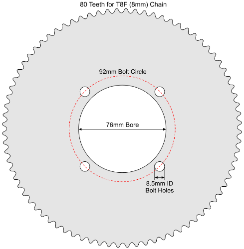80 Tooth Sprocket for T8F (8mm) Chain with R76-8 Mounting Pattern 