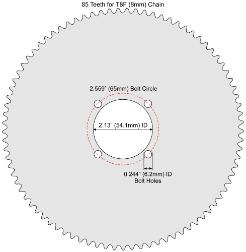 85 Tooth Sprocket for T8F (8mm) Chain with F4 Mounting Pattern 