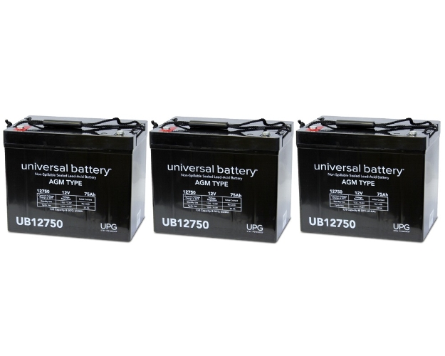 Three Quantity 12 Volt 75 Ah Electric Scooter Batteries With Bolt Down Posts 