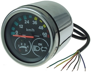 Round Speedometer with 48 Volt Battery Level Indicator plus Power, Headlight, and Turn Signal Indicators 
