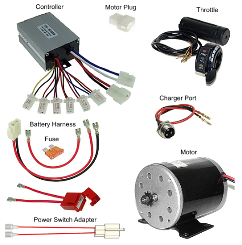 36 Volt Throttle, Controller, Motor, Battery Pack Wiring Harness, and Charger Port Kit 
