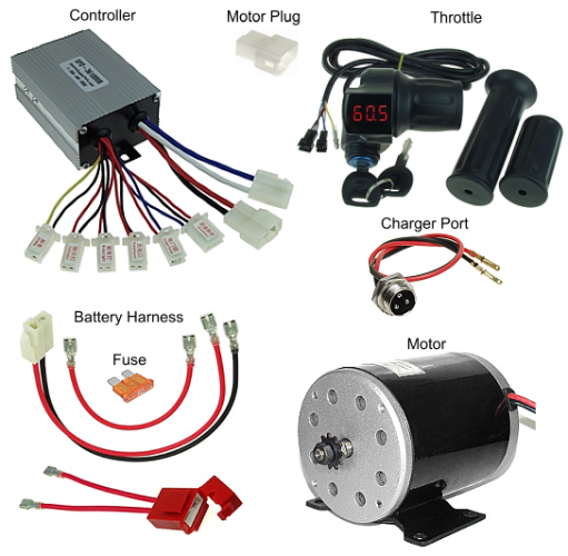36 Volt Throttle, Controller, Motor, Battery Pack Wiring Harness, and Charger Port Kit 