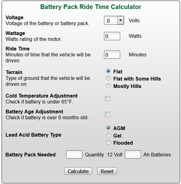How far will one charge take me?  Battery pack ride time range mileage calculator. 
