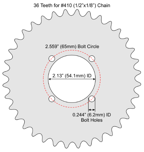 36 Tooth Sprocket for #410 (1/2" x 1/8") Bicycle Chain with F4 Mounting Pattern 